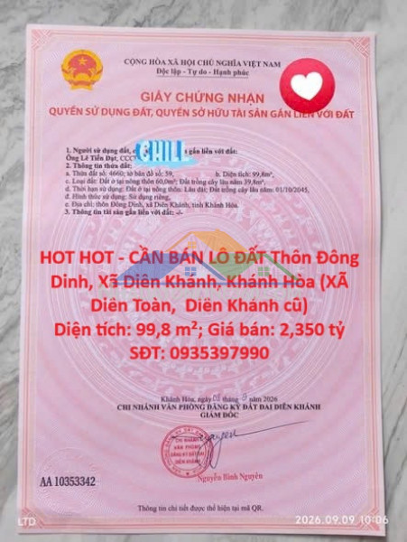 Hot hot - cần bán lô đất thôn đông dinh, xã diên khánh, khánh hòa (xã diên toàn,  diên khánh cũ)