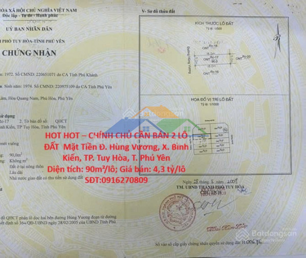 Hot hot – chính chủ cần bán 2 lô đất  mặt tiền đ. hùng vương, x. bình kiến, tp. tuy hòa, t. phú yên