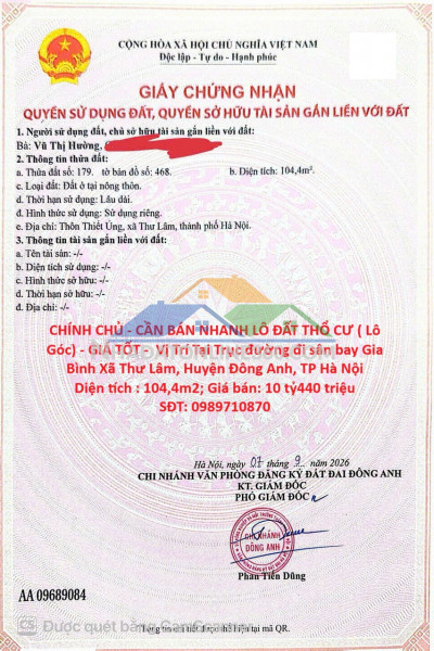 Chính chủ - cần bán nhanh lô đất thổ cư ( lô góc) - giá tốt -...