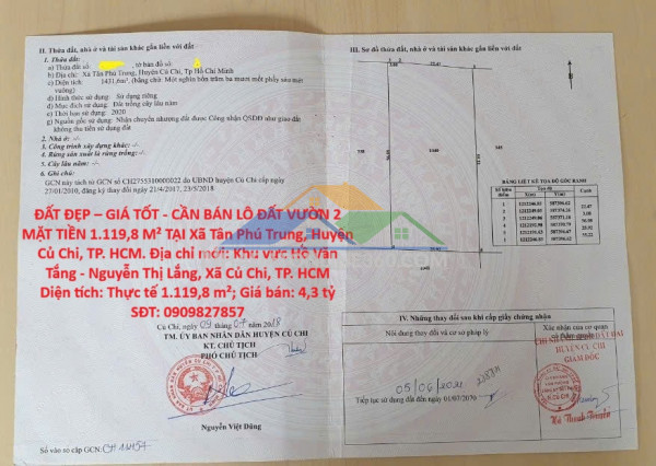 Đất đẹp – giá tốt - cần bán lô đất vườn 2 mặt tiền 1.119,8 m² tại xã tân phú trung, huyện củ chi, tp. hcm