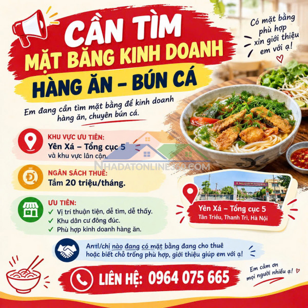 Cần tìm mặt bằng kinh doanh hàng ăn – bún cá - yên xá, tân triều, thanh trì, hà nội