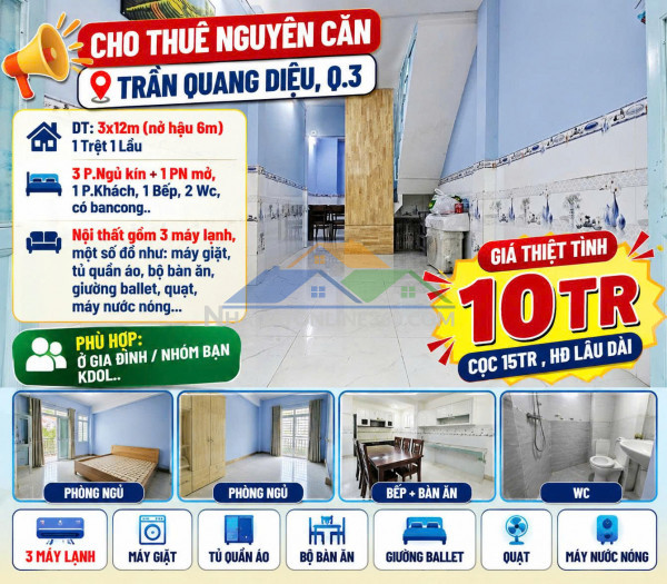 Cho thuê nhà nguyên căn trần quang diệu, q3 , 4pn chỉ 10tr