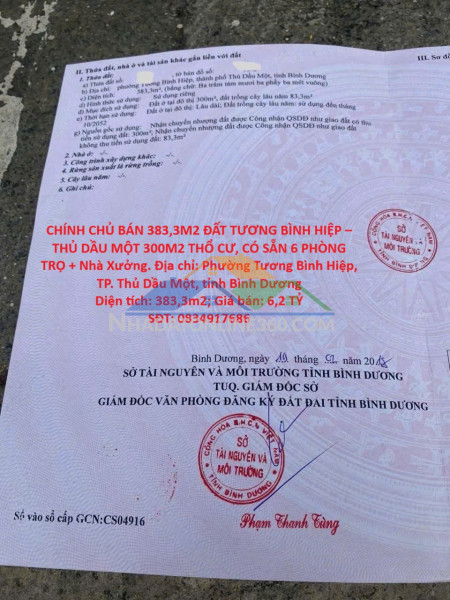 Chính chủ bán 383,3m2 đất tương bình hiệp – thủ dầu một 300m2 thổ cư, có sẵn 6 phòng trọ + nhà xưởng