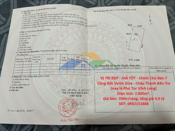 Vị trí đẹp - giá tốt - chính chủ bán 7 công đất vườn dừa - châu thành bến tre