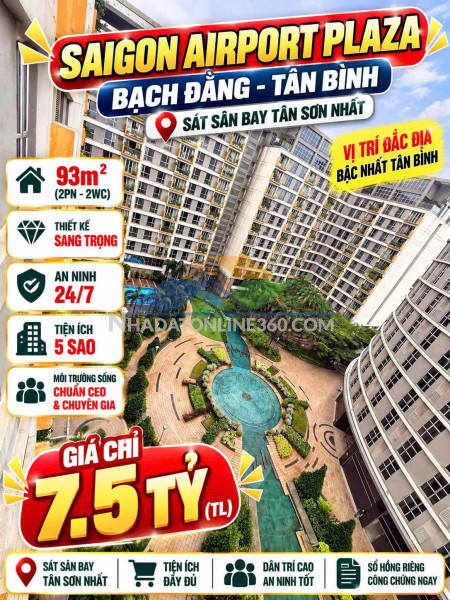 Bán căn hộ saigon airport plaza 93m2, 2pn  , sổ riêng 7.5tỷ