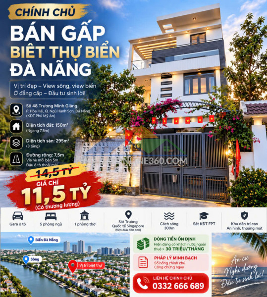 Chính chủ bán gấp biệt thự biển đà nẵng – giá chỉ 11,5 tỷ – dòng tiền cho thuê hơn 30 triệu/tháng