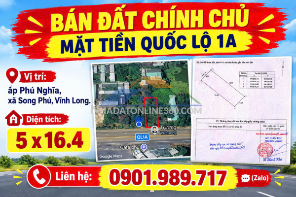 CHÍNH CHỦ CẦN BÁN LÔ ĐẤT 80,3m2 MẶT TIỀN QUỐC LỘ 1A