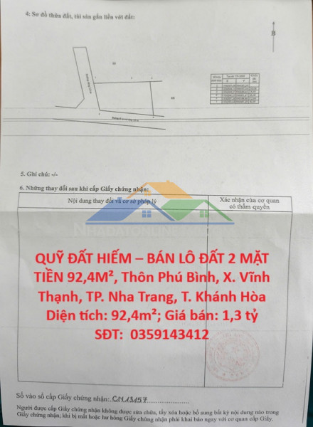 Quỹ đất hiếm – bán lô đất 2 mặt tiền 92,4m², thôn phú bình, x. vĩnh thạnh, tp. nha trang, t. khánh hòa