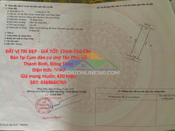 Đất vị trí đẹp - giá tốt- chính chủ cần bán tại cụm dân cư chợ tân phú, xã thanh bình, đồng tháp