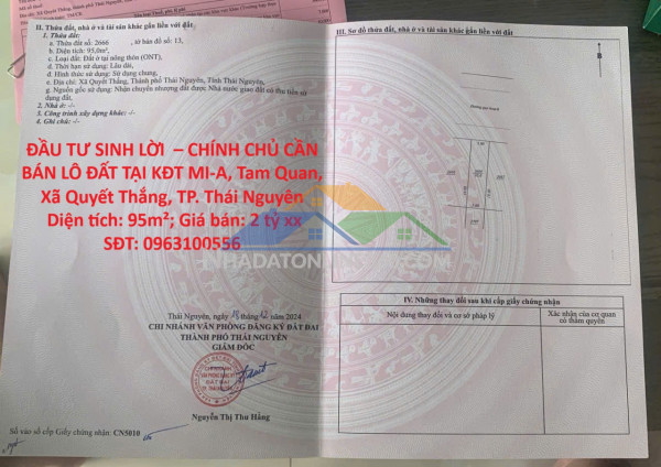 Đầu tư sinh lời  – chính chủ cần bán lô đất tại kđt mi-a, tam quan, xã quyết thắng, tp. thái nguyên