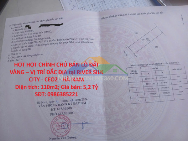 Hot hot chính chủ bán lô đất vàng – vị trí đắc địa tại river silk city - ceo2 - hà nam