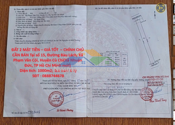 Đất 2 mặt tiền – giá tốt  – chính chủ cần bán tại số 15, đường bàu lách, xã phạm văn cội, huyện củ chi