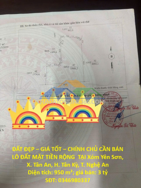 Đất đẹp – giá tốt – chính chủ cần bán lô đất mặt tiền rộng  tại xóm yên sơn, x. tân an, h. tân kỳ, t. nghệ an
