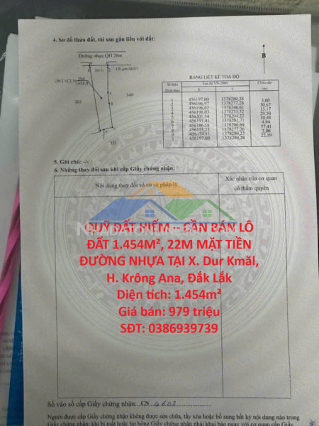 Quỹ đất hiếm – cần bán lô đất 1.454m², 22m mặt tiền đường nhựa tại x. dur kmăl, h. krông ana, đắk lắk