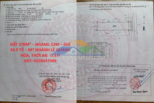 Đất 370m² – ngang 12m – giá 24.9 tỷ – mt nhánh lê quang hòa, thới an, q.12!