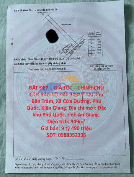 Đất đẹp – giá tốt – chính chủ cần bán lô đất 949m² tại khu bến tràm, xã cửa dương, phú quốc, kiên giang