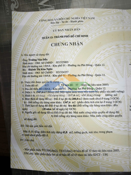 Chính chủ cần bán đất 1.547,6m² – an phú đông, quận 12 – giá 32 tỷ