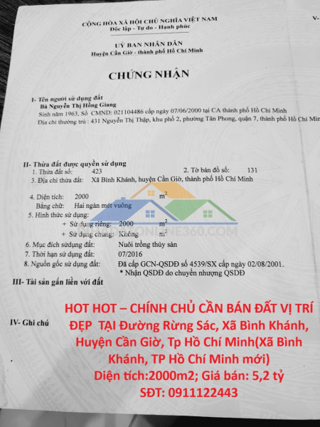 Hot hot – chính chủ cần bán đất vị trí đẹp  tại xã bình khánh, huyện cần giờ, tp hồ chí minh