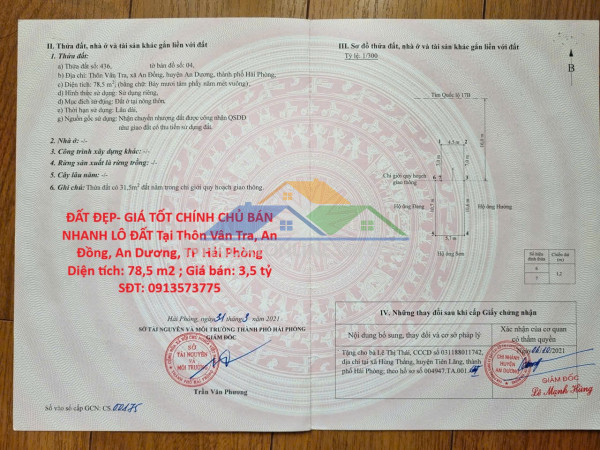 Đất đẹp- giá tốt chính chủ bán nhanh lô đất tại thôn vân tra, an đồng, an dương, tp hải phòng